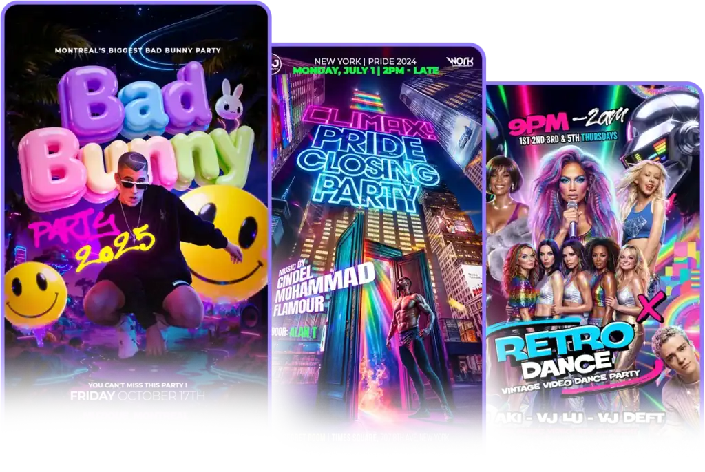 Club flyer designs by Perfekta Unlimited — Bad Bunny Party, Pride Closing Party, and Retro Dance event flyers