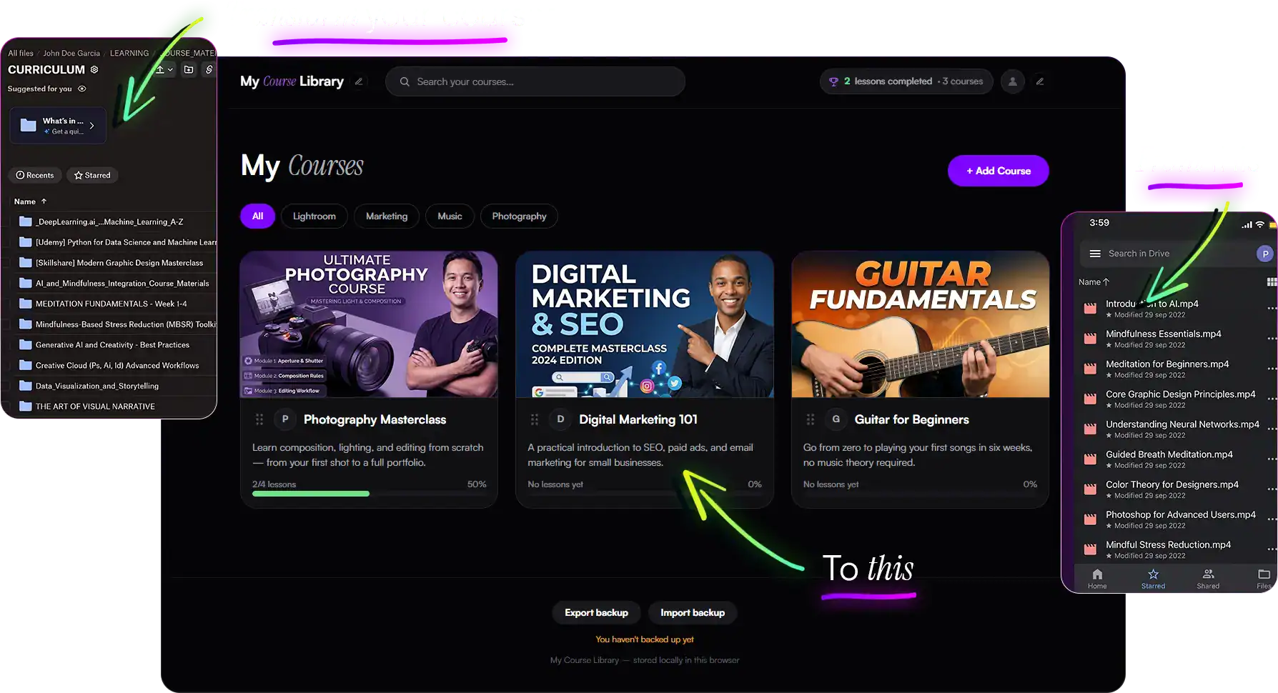 My Course Library home page showing organized courses with progress bars